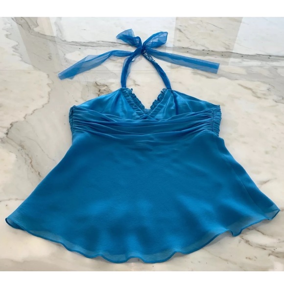 BCBG BLUE EMBELLISHED SILK HALTER TOP SIZE SMALL - Picture 9 of 13